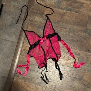 Hustler Hollywood Pink Lace Garter Lingerie with Black Trim